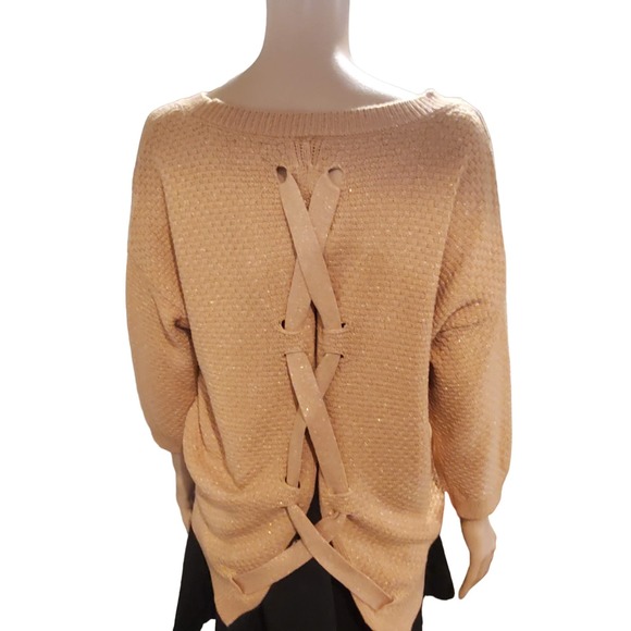 Soho Jeans Sz XS/S Oversized Peachy Brown Silver Metallic Lace Back Sweater - Picture 2 of 8